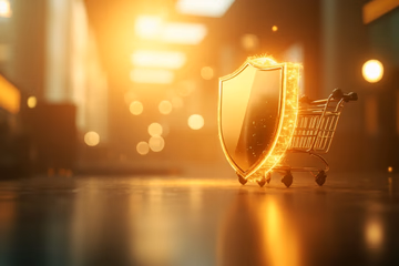 Conceptual image of a shield protecting online shopping carts, representing eCommerce fraud prevention.