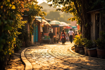 A winding road leading to a bustling marketplace, symbolizing the customer journey and conversion optimization in eCommerce.