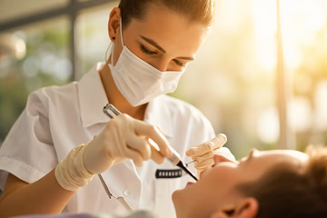 A dentist using advanced tools for a detailed dental exploration, showcasing modern dental technology.