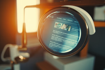 A dentist's mirror reflects search results, symbolizing dental marketing insights.