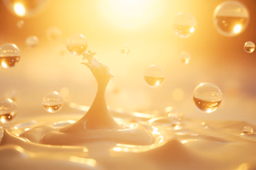 Photorealistic image of milk droplets refracting light, symbolizing dairy fat analysis for quality control.