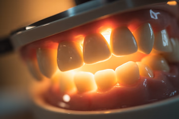Photorealistic image of a dentist's lamp illuminating a set of teeth, symbolizing dental enlightenment through marketing.