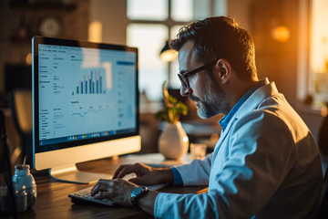 Dentist reviewing data analytics for marketing performance in a modern dental office setting.
