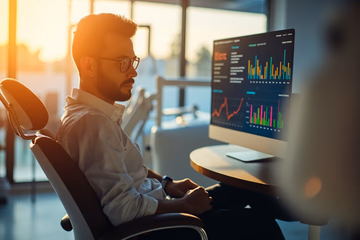 Dentist reviewing data analytics for marketing insights in a modern dental office.