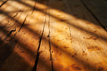 Photorealistic image of a wood surface with a visible grain texture, warm tones, and a blurred background.