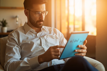 Dentist analyzing pay-per-click (PPC) campaign data on a tablet, showcasing modern dental marketing strategies.