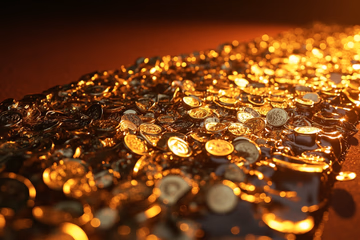 Photorealistic image of a river of coins, symbolizing liquidity and financial planning.