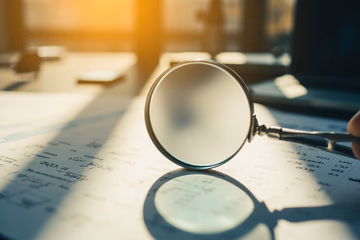 A magnifying glass examines financial data, symbolizing AI-powered fraud investigation services.