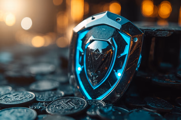 Digital shield guarding online transactions, symbolizing fraud prevention.