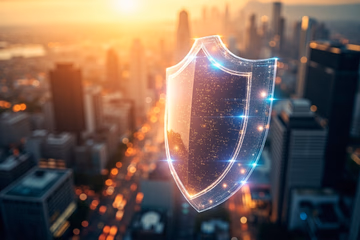 Digital shield protecting a city, representing AI-powered fraud prevention for large enterprises.