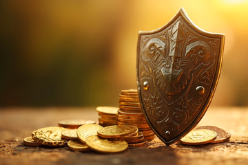 A shield protecting a stack of coins, symbolizing fraud prevention and financial security.