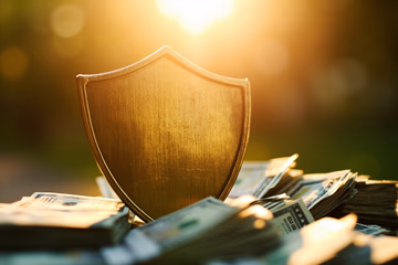 A shield protecting a stack of money, symbolizing fraud prevention and financial security.