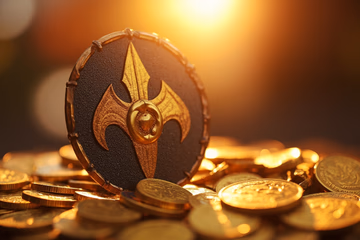 A shield protecting golden coins, symbolizing fraud prevention and financial security.