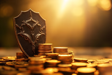 A shield protecting a stack of coins, symbolizing affordable fraud prevention.