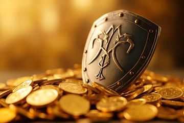 A shield protecting a stack of coins, symbolizing affordable fraud prevention.