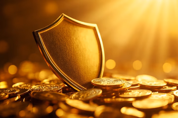 Golden shield safeguarding digital currency, symbolizing fraud prevention pricing.