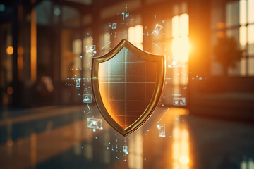 AI-powered shield protecting online transactions, symbolizing fraud prevention.