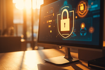 A secure online store protected by a digital shield, representing e-commerce fraud prevention.