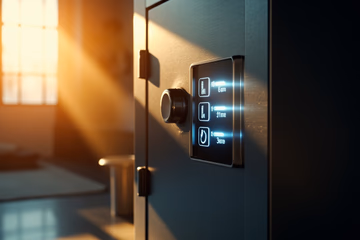 A locked digital safe with a glowing checklist, symbolizing fraud prevention for e-commerce businesses.