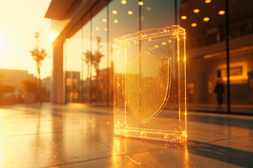 A shield icon protecting an e-commerce storefront, symbolizing fraud prevention for online businesses.