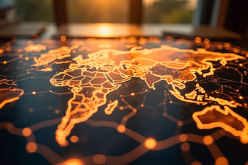 A world map with glowing lines representing international fraud prevention by Corgi Labs.