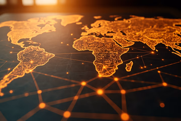 A world map with glowing circuits representing international fraud prevention by Corgi Labs.