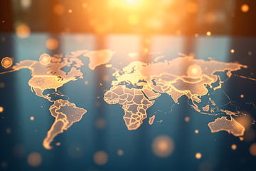 Digital shields protecting a world map, symbolizing cross-border fraud prevention.