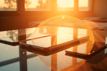 Digital shield protecting mobile devices from fraud, symbolizing Corgi Labs' mobile fraud prevention solutions.