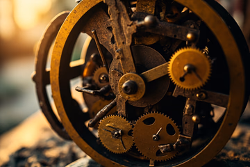 An outdated mechanical clock with broken gears, symbolizing the limitations of rules-based fraud detection.