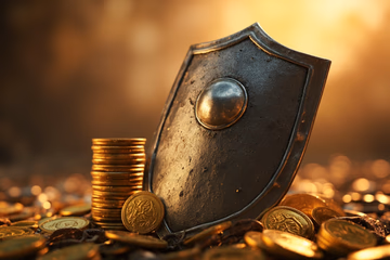 A shield protecting a stack of coins, symbolizing fraud prevention and financial security.