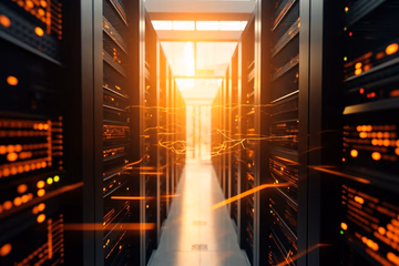 Interconnected server racks representing a fraud prevention architecture, showcasing data streams and security measures.