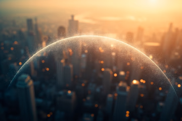 Digital shield protecting a city, representing fraud prevention.