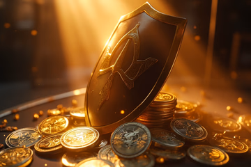 A shield icon protecting digital currency, symbolizing fraud prevention in the financial sector.