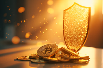 A digital shield protects online currency, symbolizing fraud prevention in the financial sector.