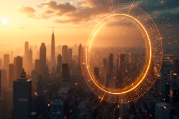 Digital shield over a city, symbolizing fraud prevention.