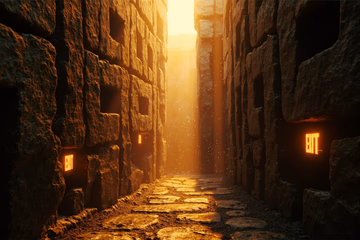 A complex maze symbolizing the fraud prevention landscape, with glowing exit signs representing solutions.