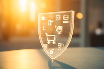 AI-powered shield safeguarding e-commerce icons, symbolizing fraud prevention by Corgi Labs.