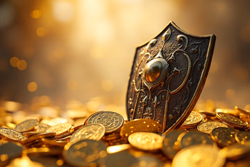 Shield protecting golden coins, symbolizing fraud prevention and financial security.