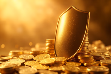A shield protecting golden coins, symbolizing fraud prevention and financial security.