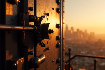 Secure vault door protecting the San Francisco skyline, symbolizing fraud prevention.