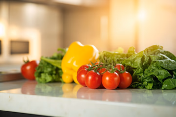 A clean, well-lit kitchen scene symbolizing food safety, featuring fresh produce and a focus on hygiene.